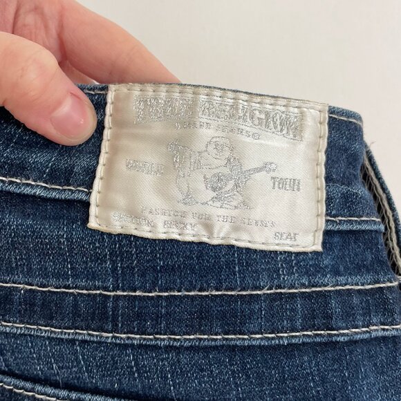 TRUE RELIGION Becky Crystal Dark Wash Swarovski Distressed Low Rise Bootcut Jean - Picture 11 of 13